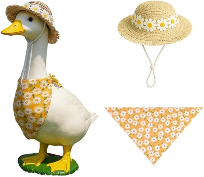 Summer Porch Goose Outfits Daisy Flower Goose Outfit Spring Geese Clothes Costume with Straw Hat Scarf for 17-23" Lawn Cement Plastic Geese Statue for Garden Yard Decor Accessories(Orange)