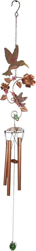 Ebros Gift Birds of Nature Hummingbird Hovering Nectar Flowers Art Glass Gemstones and Metal Resonant Wind Chime 32" High Copper Rods Hanging Mobile Home Patio Garden Decor