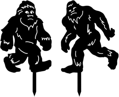 CREATCABIN 2Pcs Black Orangutan Stake Metal Big Foot Garden Decor Art Silhouette Statues Garden Decorative Ground Insert Lawn Ornaments for Outside Outdoor Big Foot Sasquatch Gifts 8/9x11.8Inch