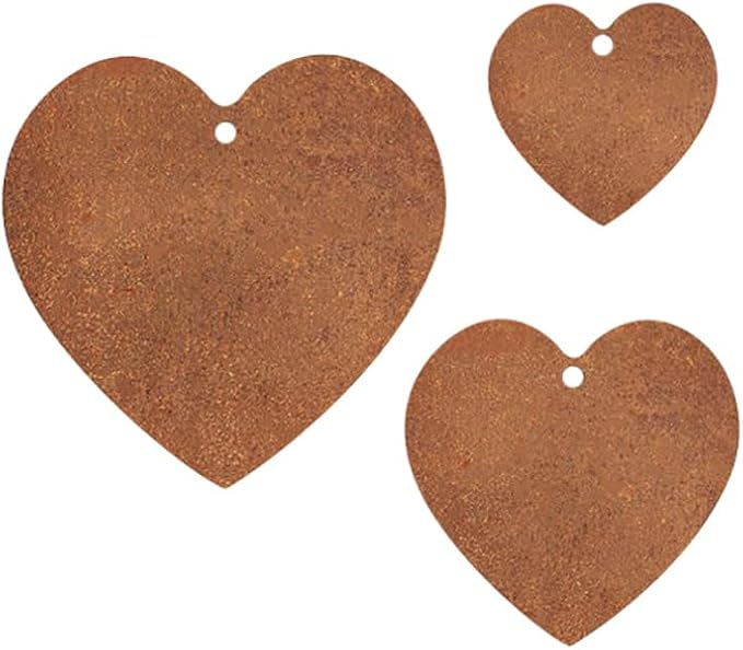 3 Pcs Metal Garden Hanging Hearts Rusty Garden Ornaments Outdoor Heart Hanging Decor Vintage Yard Decorations with 5m Hemp Rope for Balcony and Terrace