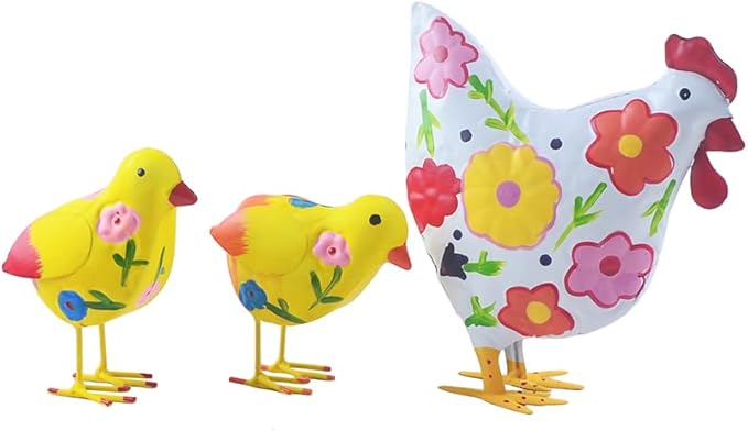 Chicken Statue Metal Hen and Chick Animal Sculpture Garden Decoration Metal Yard Art for Patio Lawn Backyard Outdoor Decoration A Set of 3