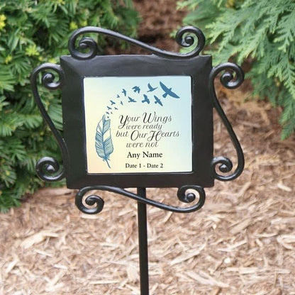 GiftsForYouNow Wrought Iron Personalized Memorial Garden Stake with Custom Text, 28 x 8.5 Inches, Temporary Grave Marker, Cemetery Memorial Plaque for Loss of Loved One Wings were Ready