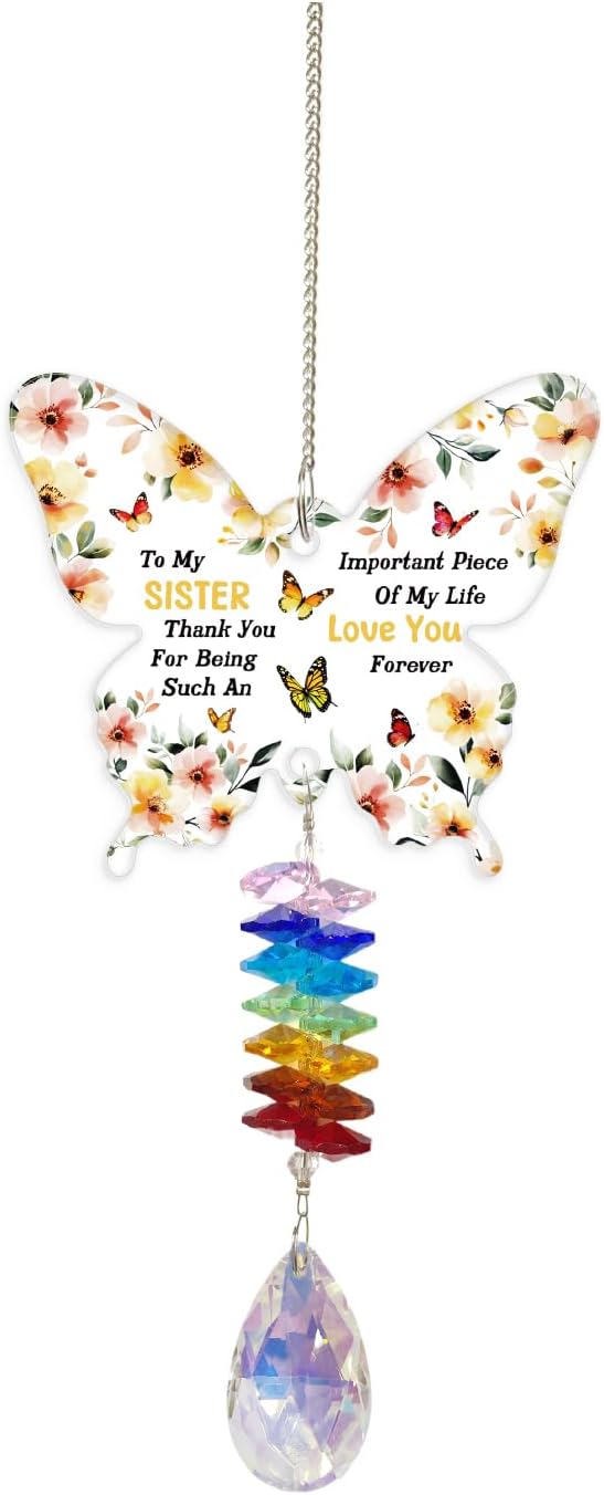GLOBLELAND Flowers Crystal Suncatcher Gifts for Sisters Butterfly-Shaped Crystal Suncatcher Hanging Ornament Birthday Graduation Anniversary Presents for Sister Bestie Good Friends
