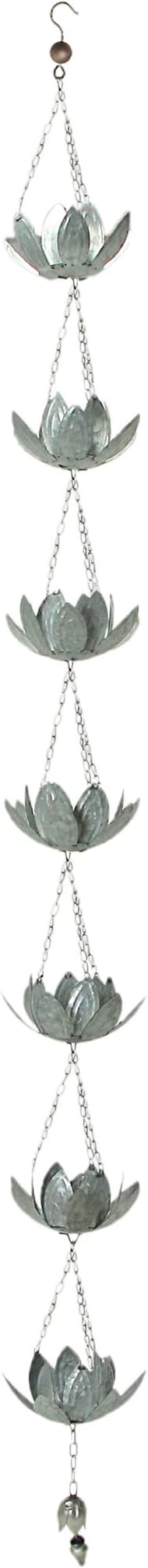 Zeckos Galvanized Grey Metal Lotus Flower Rain Chain Gutter Downspout Accent, 70 Inches Long - Installs Easily - Adding Charm and Style to Your Outdoor Space