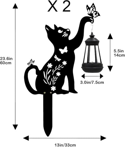Black Cat Solar Lights Outdoor Garden - 2 Pack Solar Lights Outdoor Garden Decor Stake with Butterfly Decorative Metal Housewarming Ornament for Yard Lawn Patio – Unique Gift Ideas for Christmas