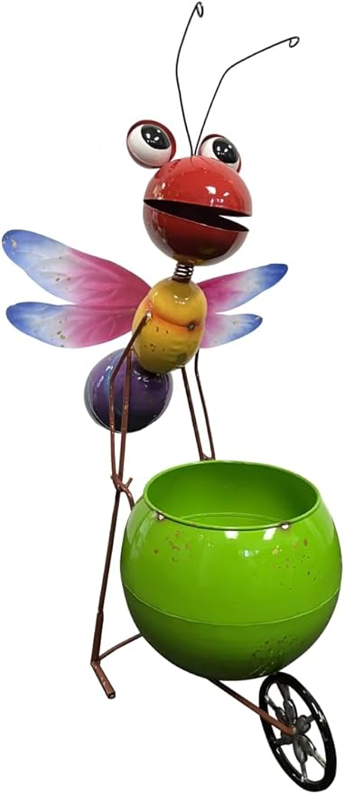 Colorful Metal Ant Statue Pushing Planter Pot Cart, Green Flower Pot, Garden Decor, Lawn and Patio Yard Art, Insect Sculpture, Outdoor, Indoor Home Decoration, Bug Patio Ornament