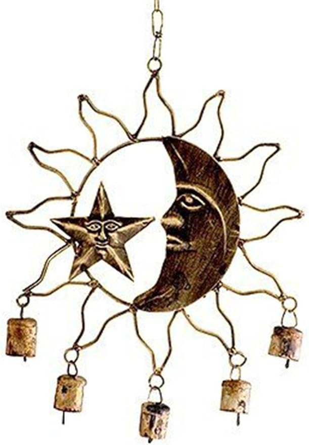 Celestial Wind Chime | Crescent Moon and Star Inside Silhouetted Sun | Copper Colored Metal | 13.5"