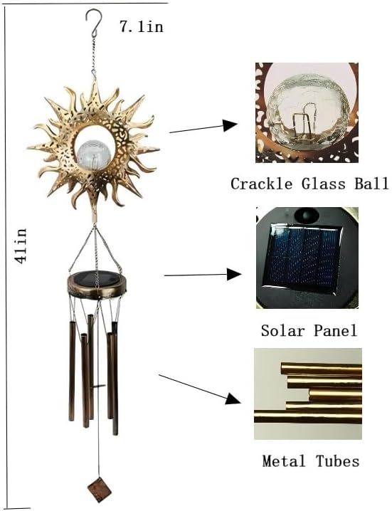 Sun Wind Chimes, Metal Wind Chimes, Waterproof Anti-Corrosion, Solar Wind Chime, Wind Chime for Outside/Window/Door/Garden/Outdoors, Gifts for Girl/mom/Friend. (Sun)