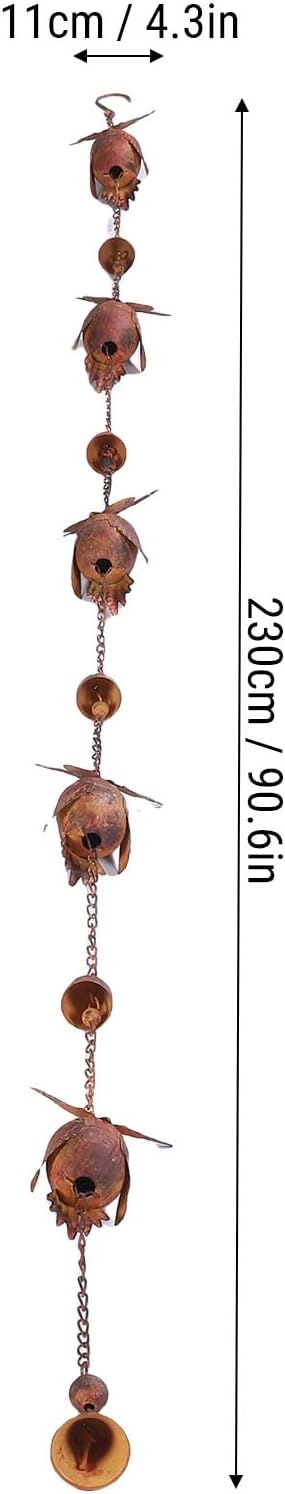 Owl Rain Chain, Bronze Metal Bird Rain Catcher Chain with Bell 90.6 inch Adjustable Metal Rain Chain for Garden Decoration Eave Device