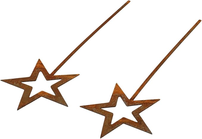 Rusty Star Garden Decor for Outdoor Courtyard and Flower Pot, Iron for Art Stake with Natural Rust Finish, 2-Pack, 250x90mm