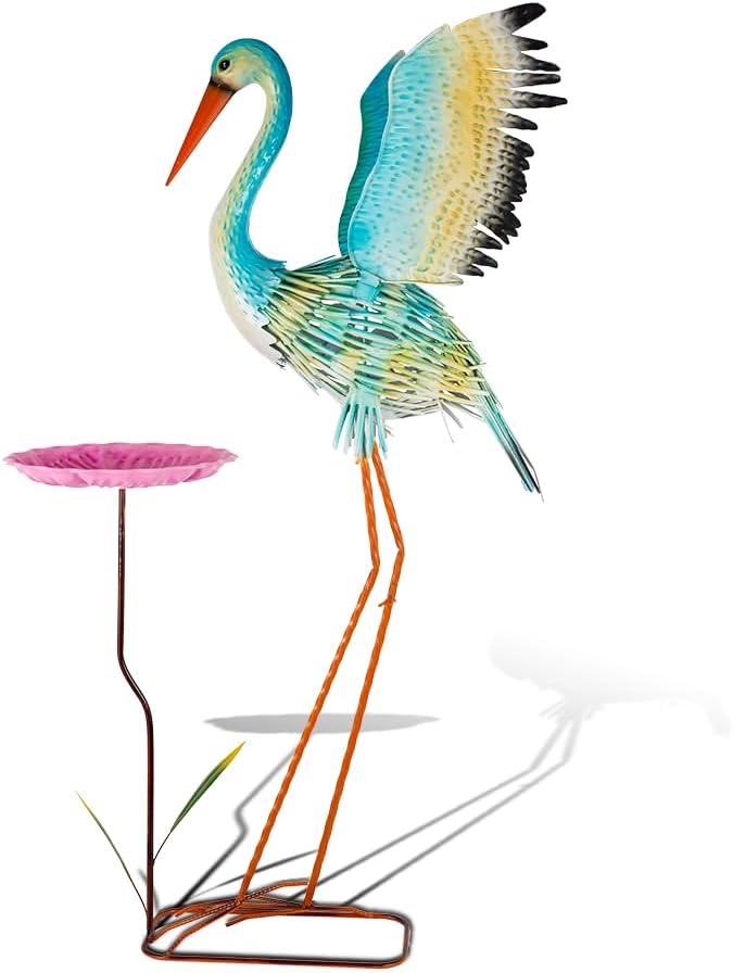 39“ Metal Heron Bird Statue with Pink Birdbath, Garden Statue Decor Yard Art for Lawn, Backyard - Unique Animal Figurine for Birthday, Housewarming, Christmas
