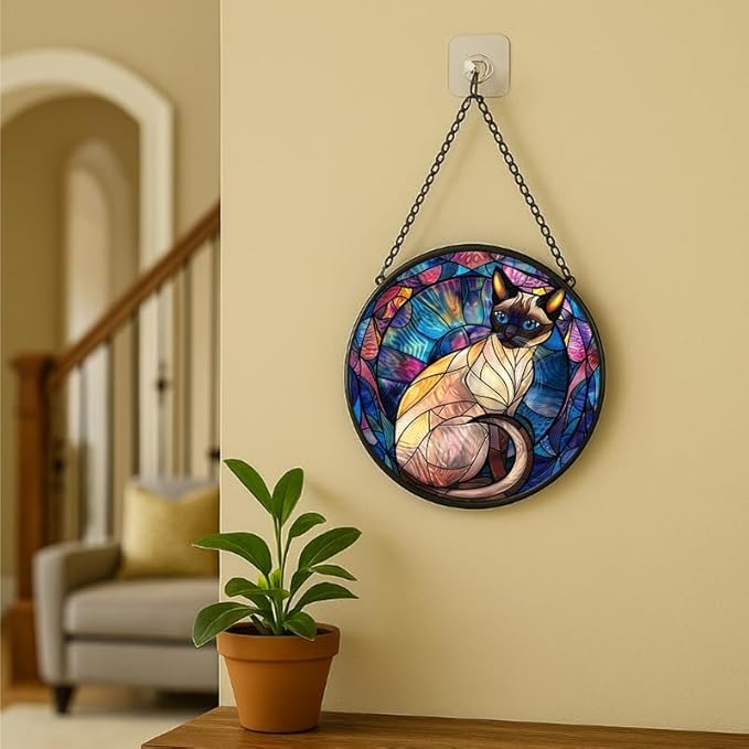 Stained Glass Window Hanging - Halloween Siamese Cat， 11.8in Sun Catchers Panel for Indoor Decorative Display for Mom， Wife， Lovers， Festive