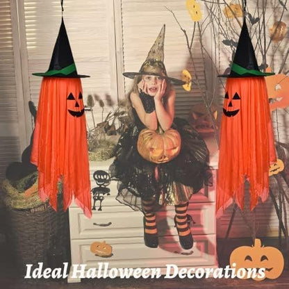 Halloween Decorations, 2 Pack Orange Pumpkin Wizard Hat Pre-Installed Pumpkin Ghost Ghosts Witch Hanging Ornaments Decor for Home Party Garden Indoor Outdoor