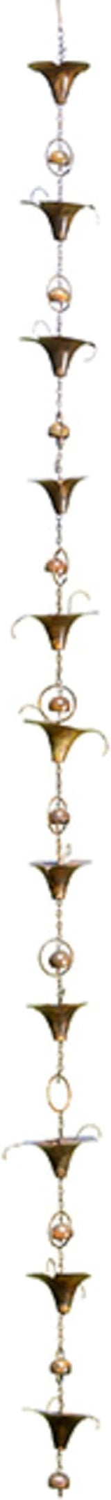 Ancient Graffiti Calla Lilies and Bells Rain Chains, Set of 2 Flamed Copper Colored Steel Downspout Replacements with Gutter Clips, 98 Inch Decorative Rain Catchers