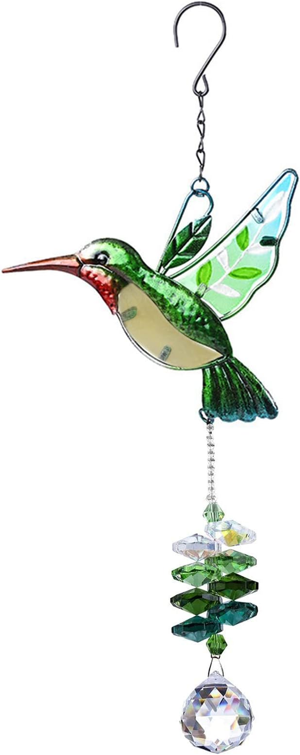 RUIXIA Crystal Hummingbird Suncatcher Stained Glass Beads Rainbow Maker Window Wall Hanging Prism Pendant Garden Outdoor Home Decor Ornaments, Green Hummingbird