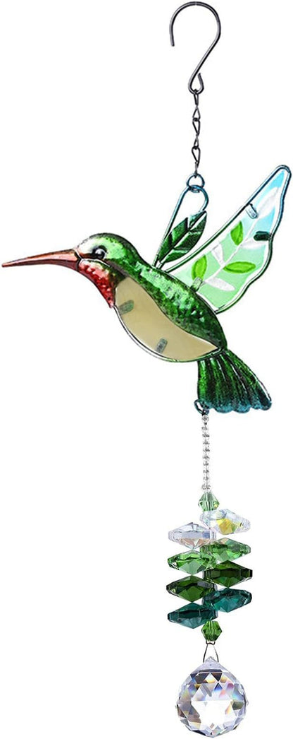 RUIXIA Crystal Hummingbird Suncatcher Stained Glass Beads Rainbow Maker Window Wall Hanging Prism Pendant Garden Outdoor Home Decor Ornaments, Green Hummingbird