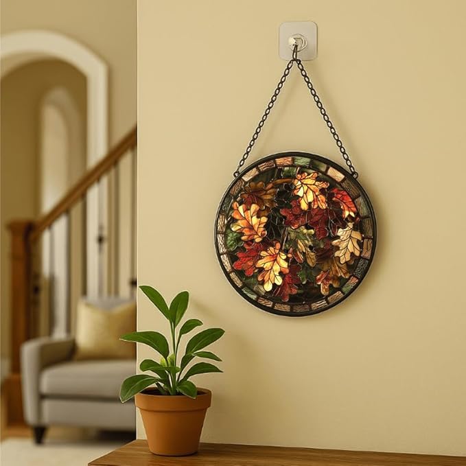 Oak Leaves Stained Glass Window Hanging Panel – Autumn Fall Theme Suncatcher Wall Art for Home Window Decor and Gift