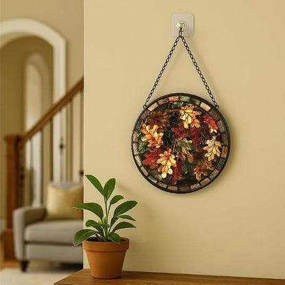 Oak Leaves Stained Glass Window Hanging Panel – Autumn Fall Theme Suncatcher Wall Art for Home Window Decor and Gift