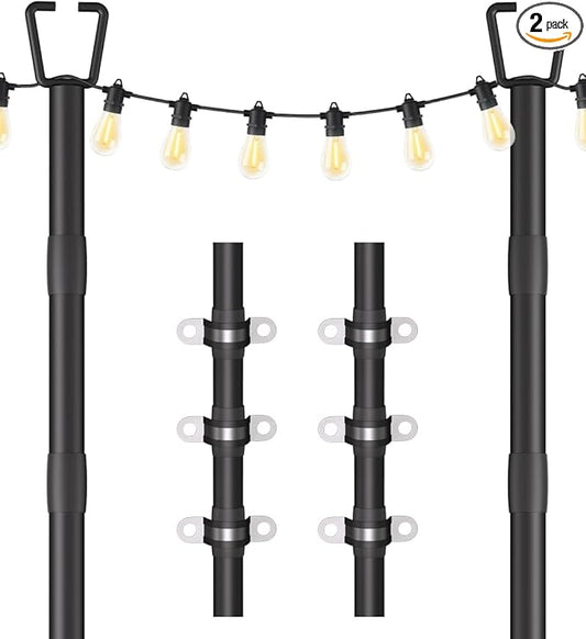2 Pack 10FT String Light Poles for Outdoor Decor, Sturdy Light Pole with Fence Brackets, Adjustable Metal Posts for Outside Patio, Backyard, Deck, Garden, Party, Wedding