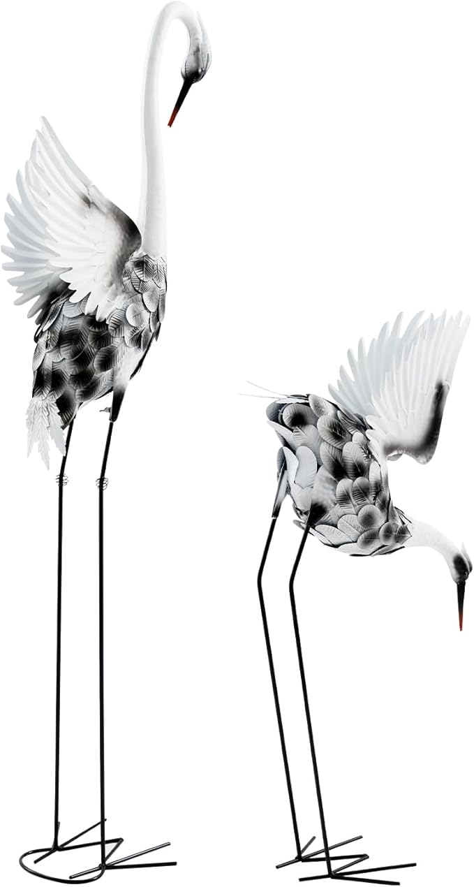 Metal Crane Garden Statues Set of 2, 53" & 35" Large Outdoor Crane Decor, Standing Bird Yard Art for Patio Lawn Backyard Pond Landscape