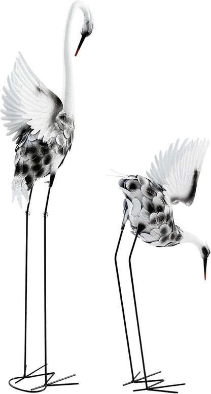 Metal Crane Garden Statues Set of 2, 53" & 35" Large Outdoor Crane Decor, Standing Bird Yard Art for Patio Lawn Backyard Pond Landscape