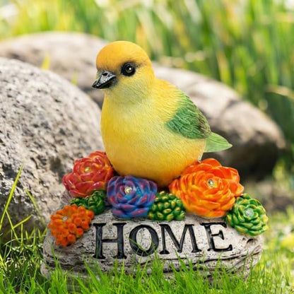DECOUE Solar Garden Statue with Bird & “Home” Sign, Solar Bird Light Outdoor Decor with Warm LED Glow, Garden Decor for Outside Yard Patio Walkway, Decorative Garden Statue with Succulent Accents