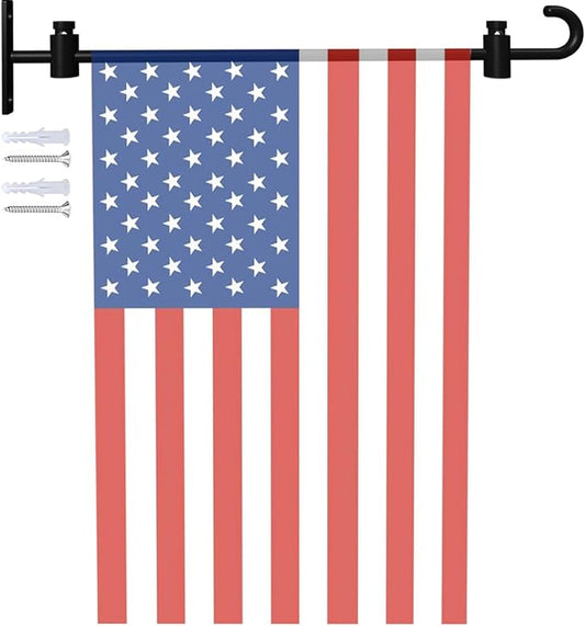 Koutemie Wall Garden Flag Stand Holder Pole with Stoppers for 12 x 18 Outside Small Yard Flags Décor, One Piece Wall Mounted Metal Garden Flag Scroll Hanger for Mailbox Post, Black