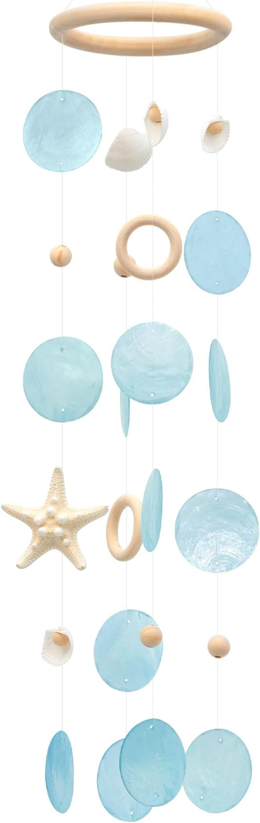 Sea Shells Wind Chimes - Handcrafted Blue Capiz Shells Windchime with Starfish, Coastal Style Decor for Indoor/Outdoors, Garden Decor, Great Gift for Women, Wind Chimes Lovers and More