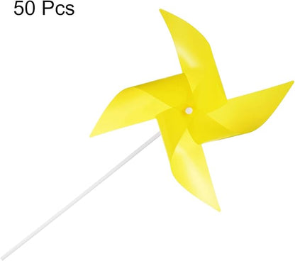 HARFINGTON 50pcs Windmills for The Yard Garden 17" x 11" 4 Leaves Pinwheels Wind Mills Spinners Windproof Waterproof Bird Devices with Stakes for Patio Decor, Yellow