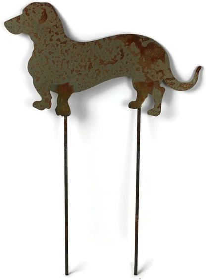 Pets and Farm Animals Metal Garden Landscape Stake (15" Wide Wiener Dog on Two Short Stakes, Naturally Rusted)