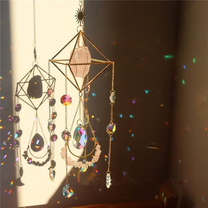 Crystal Suncatcher Rose Quartz, St Valentines Gift Spiritual, Sun Catcher Hanging for Windows, Rainbow Maker, Garden Home Decor, Natural Gemstone Boho Decor (Rose Quartz)