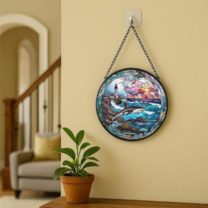 Stained Glass Window Hanging - Sunset Ocean Whale Sun Catchers Indoor Stained Glass Panels Wall Decor for Mom Wife Lovers Festive