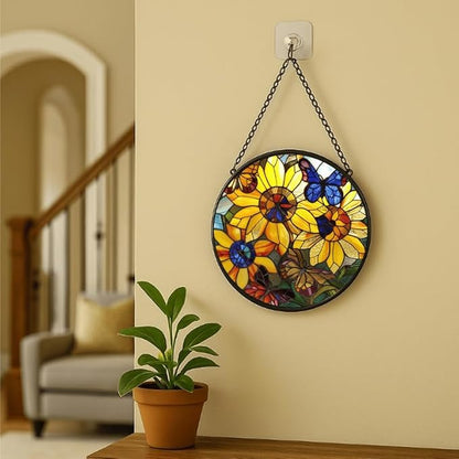 Sunflower and Butterfly Stained Glass Window Hanging Panel – Colorful Floral Suncatcher Wall Art for Home Window Decor and Gift