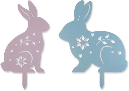 2 Pcs Easter Bunny Yard Signs Iron Rabbit Silhouette Decoration Pink and Blue Metal Rabbit Yard Art for Outdoor Lawn Garden Spring Decor