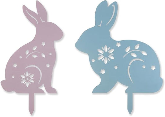 2 Pcs Easter Bunny Yard Signs Iron Rabbit Silhouette Decoration Pink and Blue Metal Rabbit Yard Art for Outdoor Lawn Garden Spring Decor