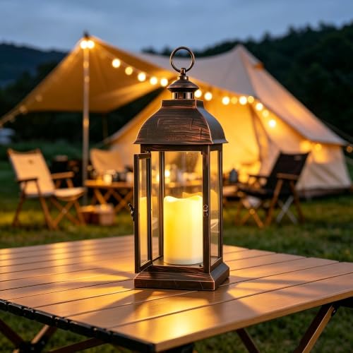 Decorative LED Lantern 15" - Flameless Candle, Bronze Plastic, Timer