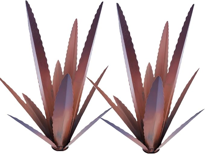 2PCS Large Tequila Rustic Sculpture, Wind Resistant Metal Agave Plants Garden Art for Outdoor Home Decor, DIY Hand Painted Metal Agave Yard Sculpture Statue Garden Lawn Ornament Gift (2, Brown)