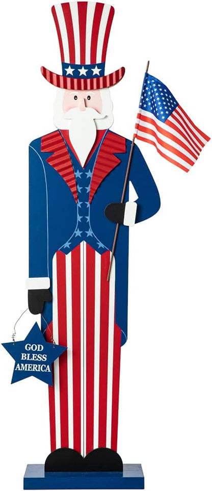 Glitzhome Patriotic 4th of July Wooden Porch Sign Independence Day 40" H Americana Uncle Sam Porch Decor Vertical Front Door Sign for Memorial Day Sign Home Front Door Yard Party Decor
