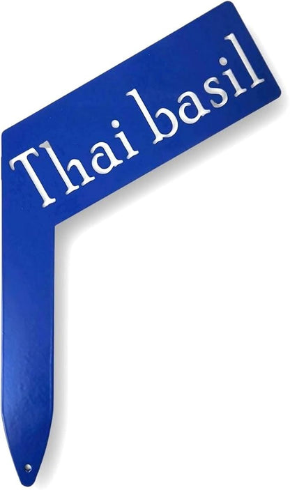 Planter Size Small Metal Garden Plant Vegetable Flower or Herb Markers 13.5 Inches Tall (Thai basil, Blue)