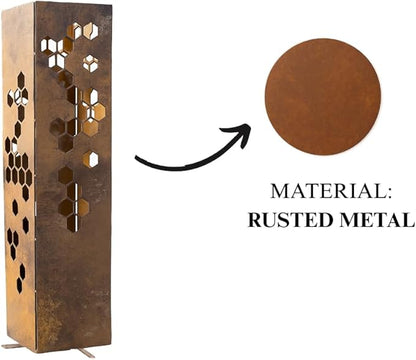 Rusted Metal Garden Column Outdoor Yard Art Decor, Weathered Steel Landscape Sculpture for Pathway Driveway Patio Lawn with Honeycomb Cutout Design with LID ON TOP