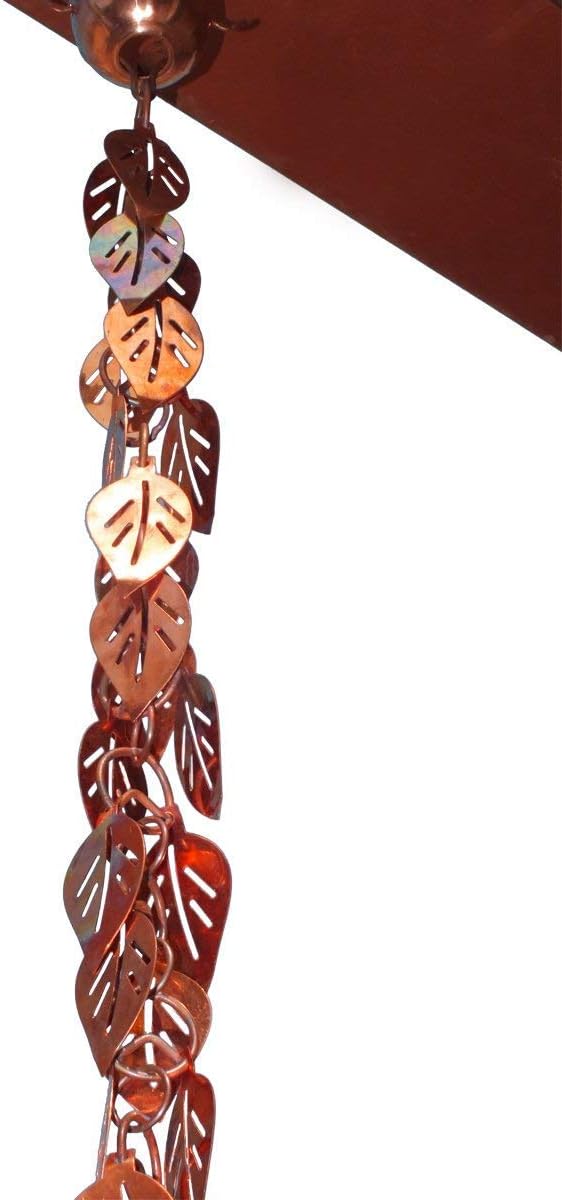 Monarch Rain Chains Pure Copper Cascading Leaves Rain Chains for Gutters – 8.5 ft Decorative Rainchain Outdoor Durable Heavy Duty Gutter Chain Downspout Replacement, Modern Rainchains for Outside