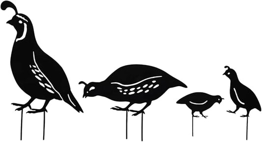 Quail Decorative Garden Stakes Metal Quail Statue Bird Yard Art Silhouette Quail Yard Art for Lawn Patios Outdoor Decoration, Set of 4