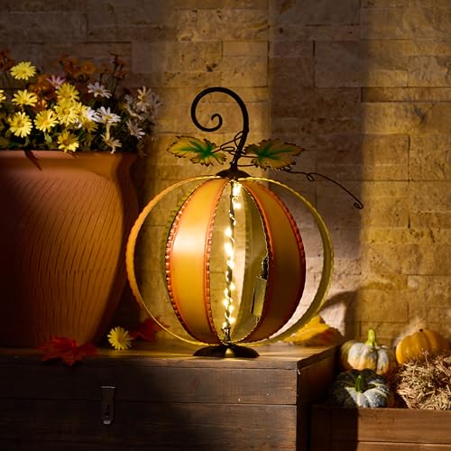 Large Orange Pumpkins with Light - Metal Fall Decor (Pack of 2)