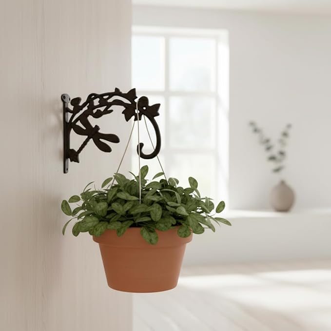 Comfy Hour 9.25" Dragonfly Decorative Plant Wall Hanger, Heavy Duty Cast Iron Wall Mount Bracket for Hanging Baskets, Bird Feeders, Lanterns & Wind Chimes, Vintage Brown, 1 Pack