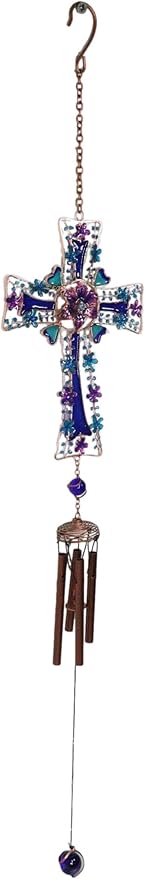 Ebros Gift Blue Floral Aquamarine Cross with Gemstones and Crystals Metal Scroll Filigree Resonant Relaxing Wind Chime 31" Long Aluminum Rods Hanging Mobile Home Patio Garden Decor