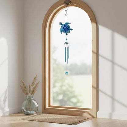 Comfy Hour 35" x 5" Sea Turtle Metal Art Wind Chime, Decorative Glass and Metal Hanging Windbell for Coastal Garden, Artisan Crafted Ocean Theme Decor for Beach House & Patio, Blue, 1 Piece