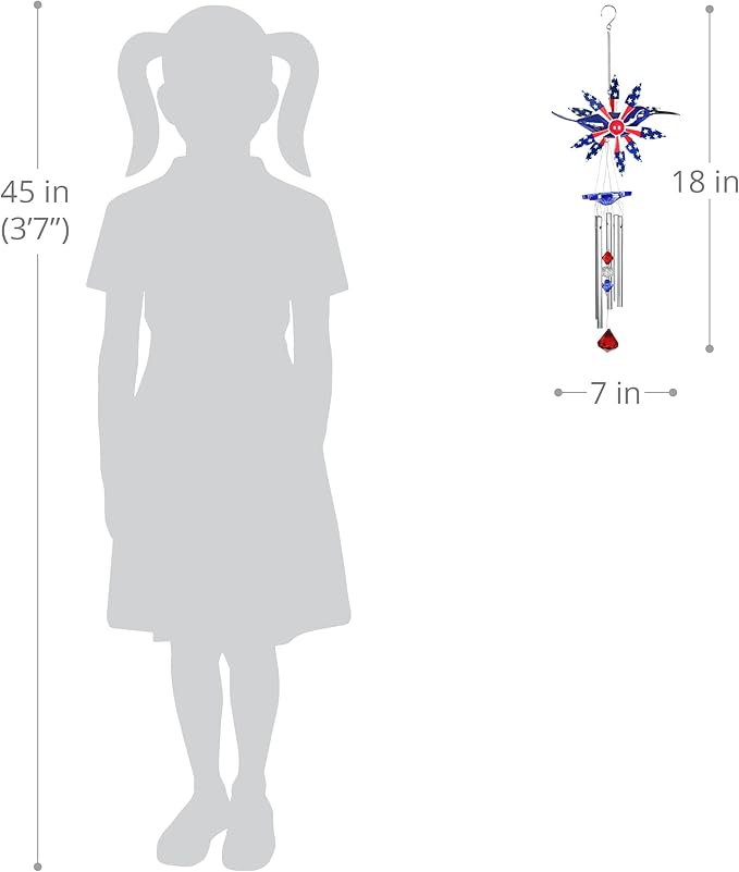 Exhart WindyWing Patriotic Hummingbird Wind Chime with American Flag Wings That Spin in The Breeze, 8 by 18 Inches