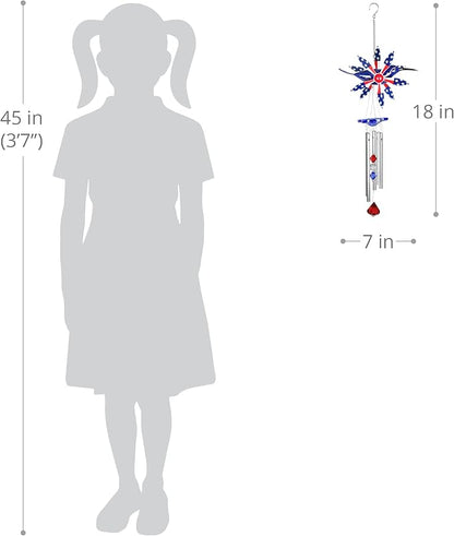 Exhart WindyWing Patriotic Hummingbird Wind Chime with American Flag Wings That Spin in The Breeze, 8 by 18 Inches