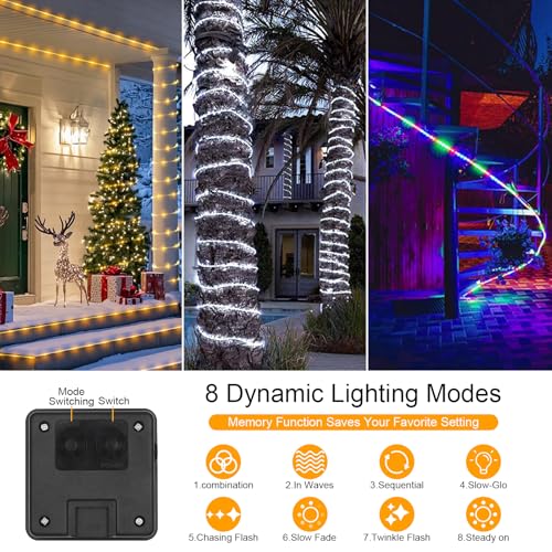 66FT 200LED Solar Rope Lights - White Waterproof, 8 Modes