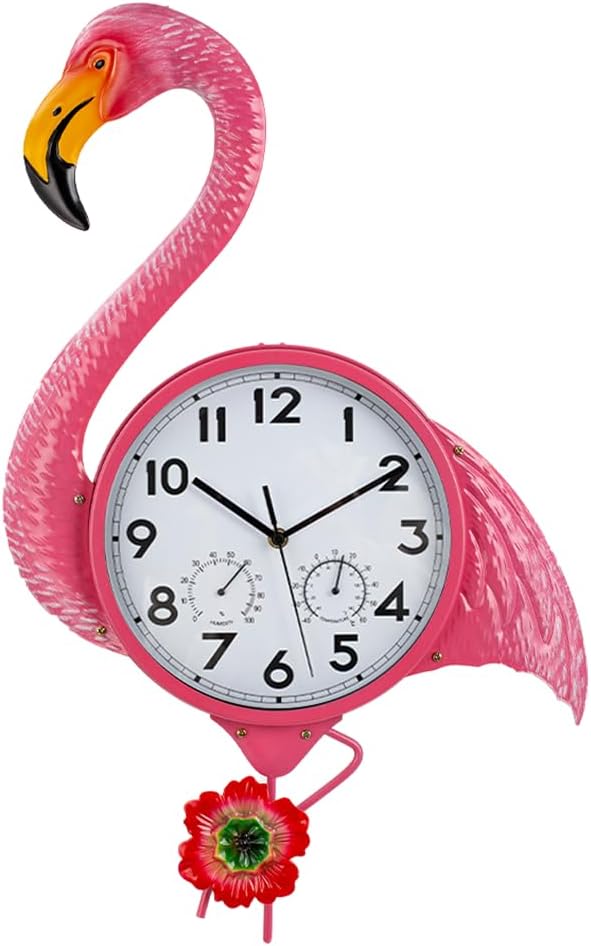 Large Outdoor Clock with Thermometer & Humidity - Silent Non-Ticking, Flamingo Outdoor Wall Clock for Patio, Garden, Kitchen, Living Room(Pink)